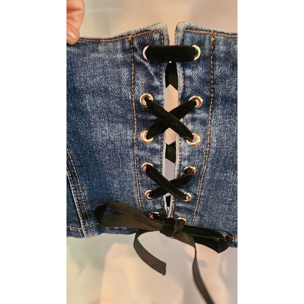 Revice Strapless Lace Up Backside Corset Light & Dark Tone Denim Top Size Small - Picture 6 of 10